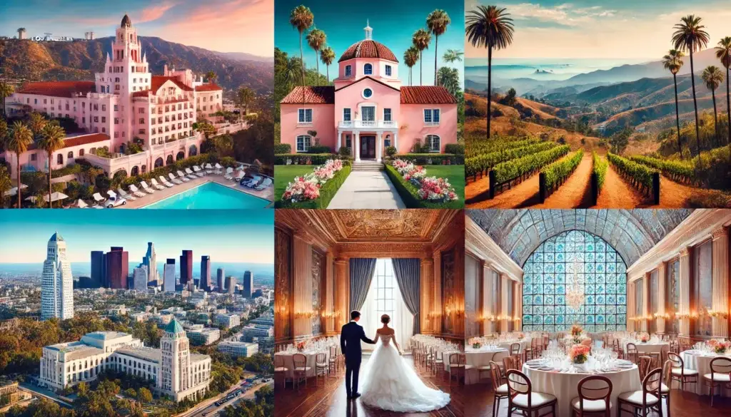 A collage of popular wedding venues in Los Angeles including Beverly Hills, Malibu, and Downtown Los Angeles. 